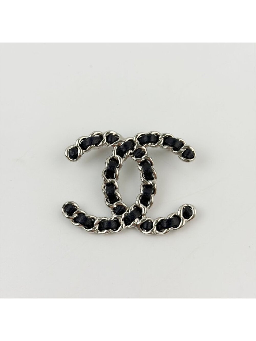 Chanel CC Logo Leather Braided Chain Brooch Plated Silver Black Vintage